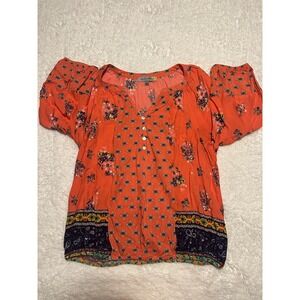 Boho Figueroa & Flower Smocked Hem Peasant Blouse Orange Multi-Color Large